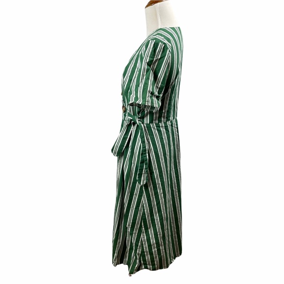 Asos 100% Cotton Green and White Striped Faux Wrap Midi Dress - Picture 2 of 6